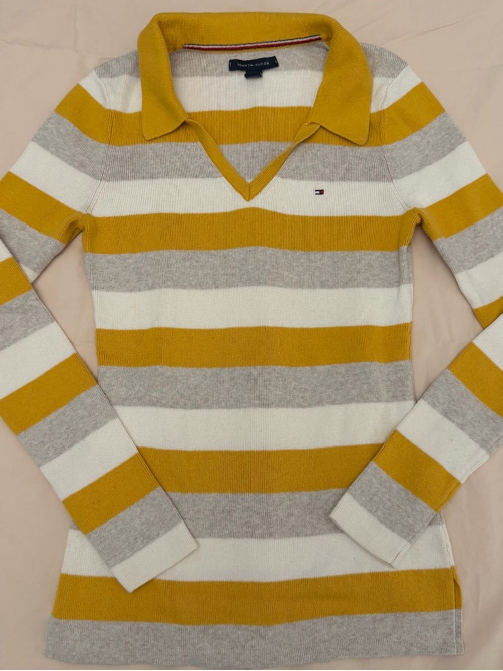 Tommy Hilfiger Mustard, Gray & White Striped Polo Knit